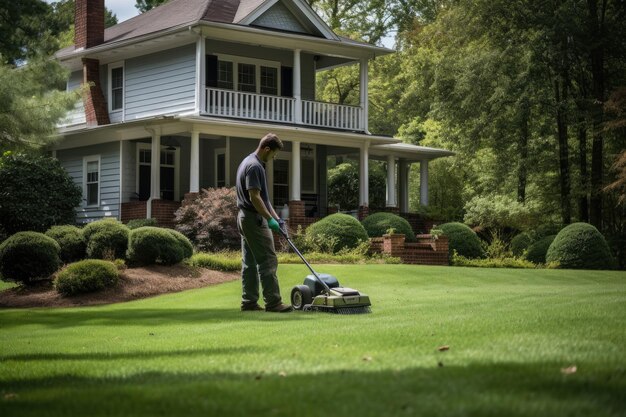 Photo worker using a manual lawn mower mows grass on near the house