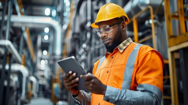 worker using tablet in industrial facility