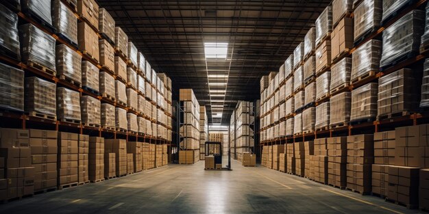 Worker walks through warehouse aisle between tall stacks of boxes