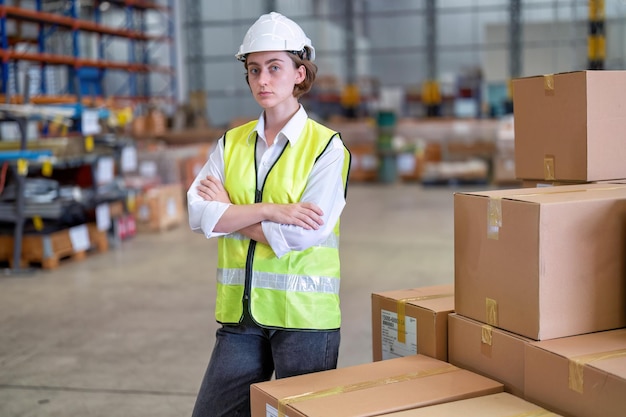 Worker in warehouse holding check list tablet pc stand portrait photo