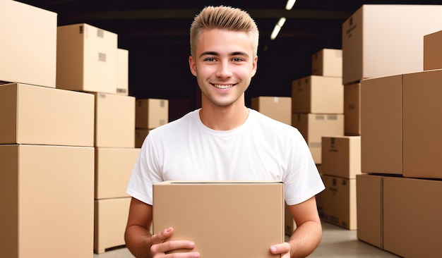 A worker in a warehouse holds a cardboard box A handsome man at work in the logistics industry The loader at work Generative AI