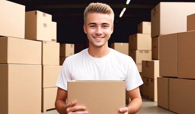 A worker in a warehouse holds a cardboard box a handsome man at work in the logistics industry the loader at work generative ai