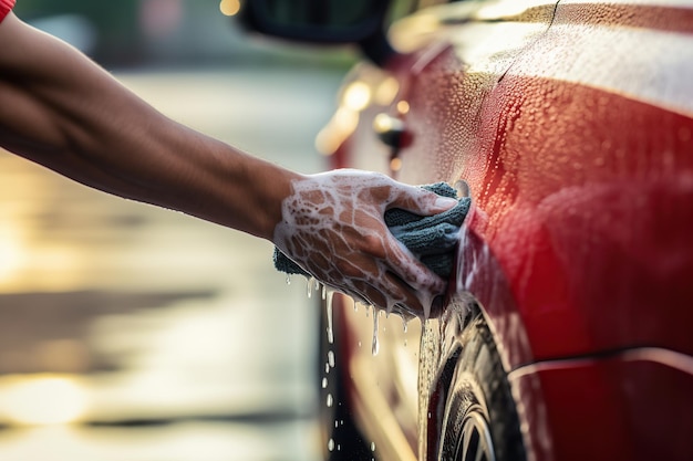 Worker washing car with sponge on car wash