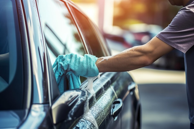 Worker washing car with sponge on car wash