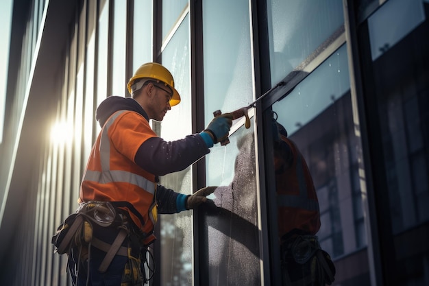 Worker washing windows in the office building skyscraper