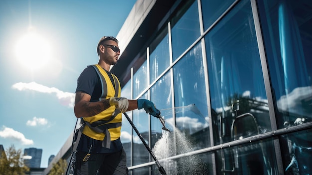 Foto lavoratore che lava le finestre nell'edificio per uffici