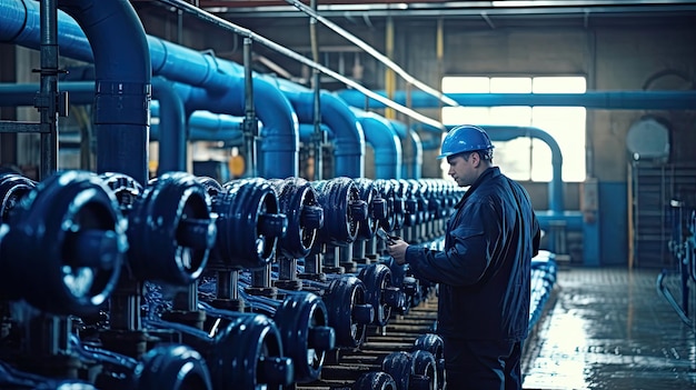 A worker at a water supply station inspects water pump valves equipment in a substation for the distribution of clean water at a large industrial estate Water pipes Generative Ai