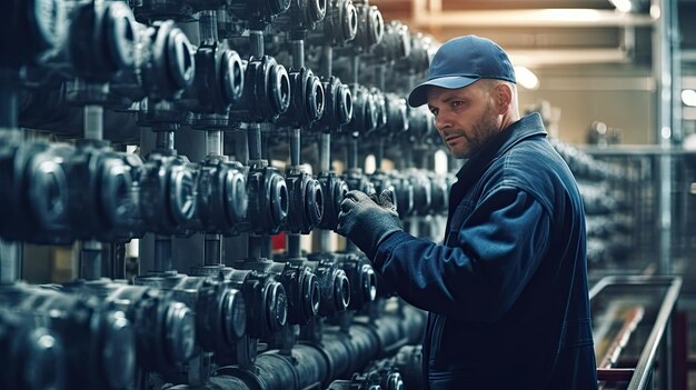 A worker at a water supply station inspects water pump valves equipment in a substation for the distribution of clean water at a large industrial estate Water pipes Generative Ai