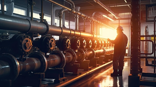 A worker at a water supply station inspects water pump valves equipment in a substation for the distribution of clean water at a large industrial estate Water pipes Generative Ai