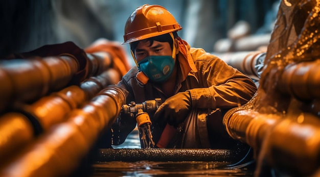 A worker wearing a face mask and a helmet works on pipes in a factory