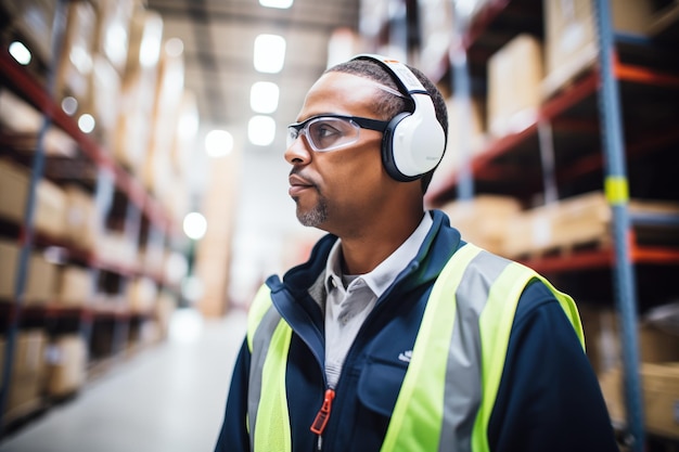 Worker wearing a headset controlling warehouse climate