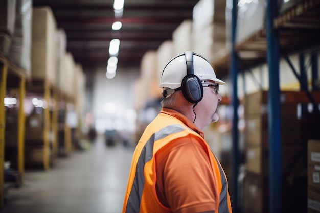 Worker wearing a headset controlling warehouse climate