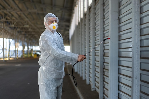 Worker wearing protective suit disinfection gear disinfect\
surface public place