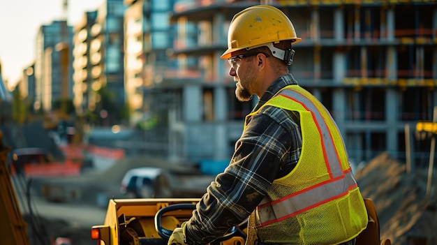 Photo worker wearing safety vest and hard hat on construction site