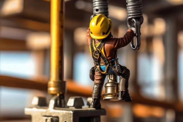 A worker wearing a yellow helmet is climbing a pipe.