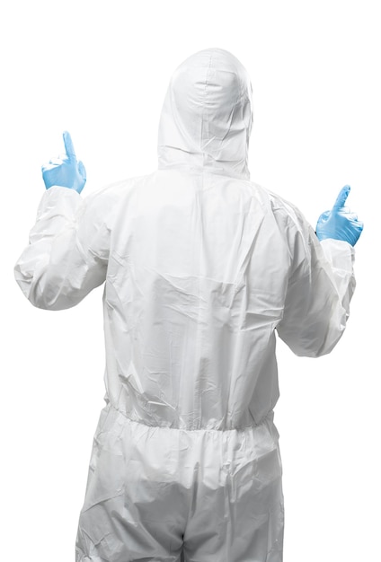 Worker wears medical protective suit or white coverall suit finger point isolated on white