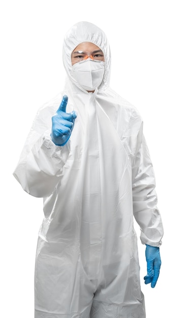 Worker wears medical protective suit or white coverall suit with mask and goggles finger point