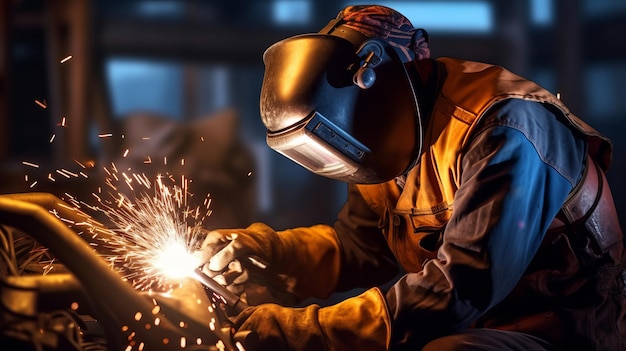 Worker or Welder wear safety gear who perform arc welding in the factory
