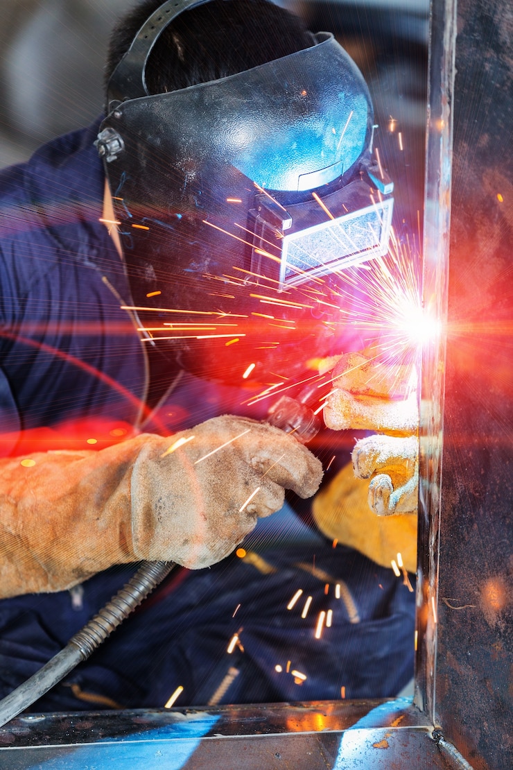 Photo worker welding construction by mig welding