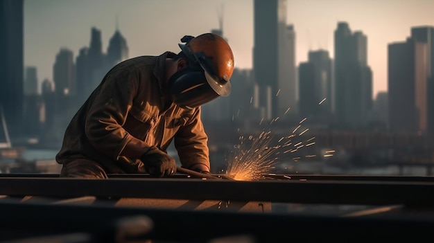 A worker welding a steel beam in front of a city skyline.