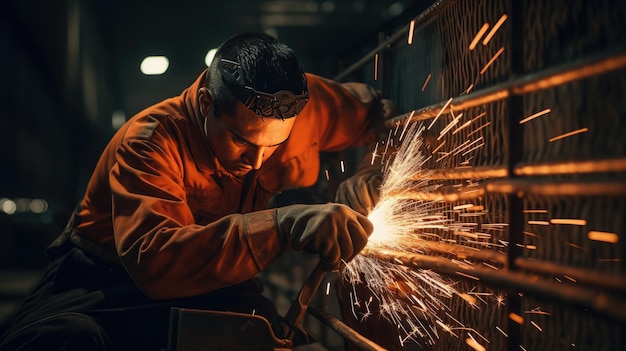 a worker welding a steel wall with a sparks flying in the air.