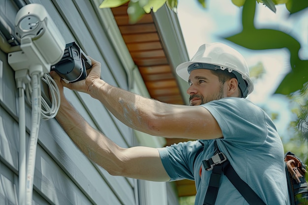 A worker in a white helmet mounts a video camera