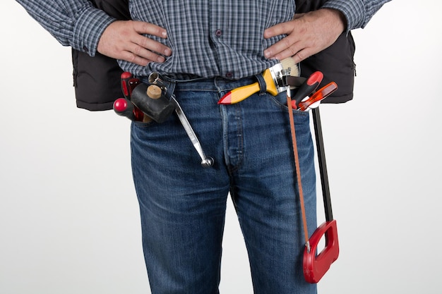 Worker with construction tools. For House renovation,  isolated