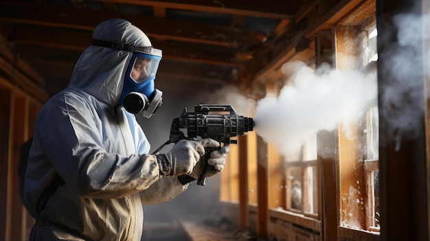 a worker with gas mask in his hand and an old building