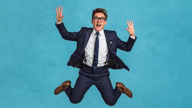 Photo worker with glasses and suit jumping