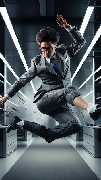 Worker with glasses and suit jumping