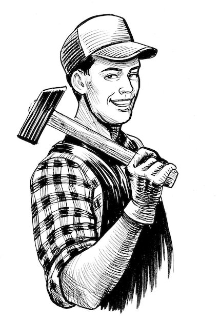 Worker with a hammer Ink black and white drawing