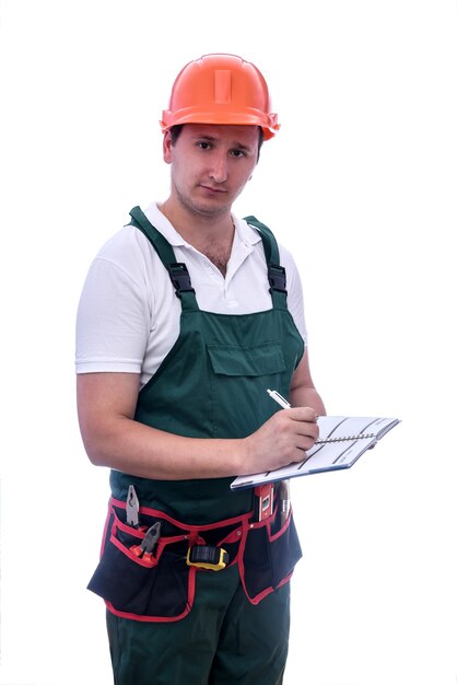 Worker with pen and diary isolated on white