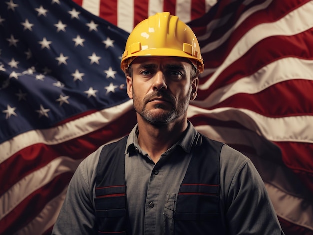 安全ヘルメットとアメリカの国旗の背景を持つ労働者