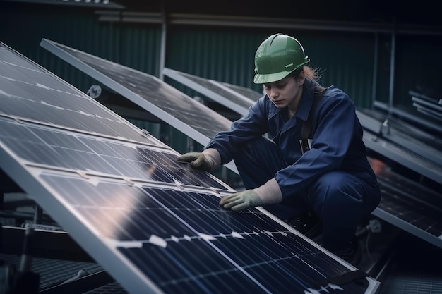 Worker woman wearing gloves and assembling solar panels on the rooftop Solar panel assembly for natural electrical energy production Technician repairing solar panels on the roof Generative AI