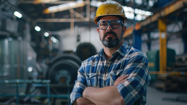 a worker in work clothes stands proud and confident with his arms crossed