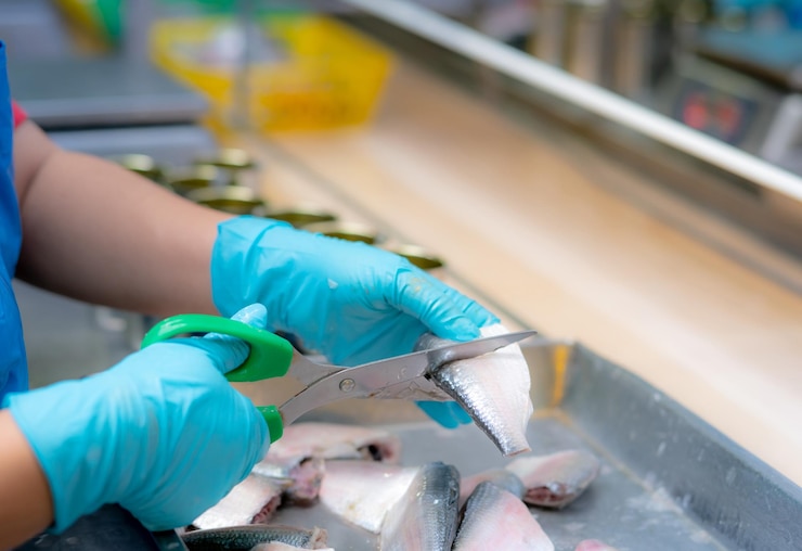 Photo worker working in a canned food factory food industry canned fish factory workers hand cutting