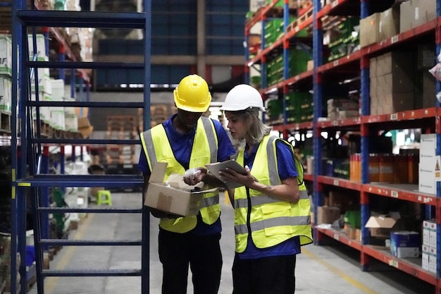 Foto l'operaio che lavora in un grande magazzino tiene l'elenco di controllo delle tabelle cartacee controllando il materiale confrontato con le scatole avvolte in plastica conservate su pallet di legno pronte per la spedizione al cliente