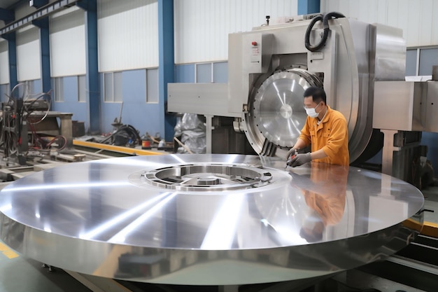 大きなステンレス鋼の部品を加工する作業員金属産業の生産のためのポスター