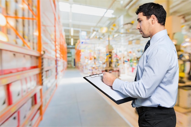 Worker writing on paperclip on warehouse background