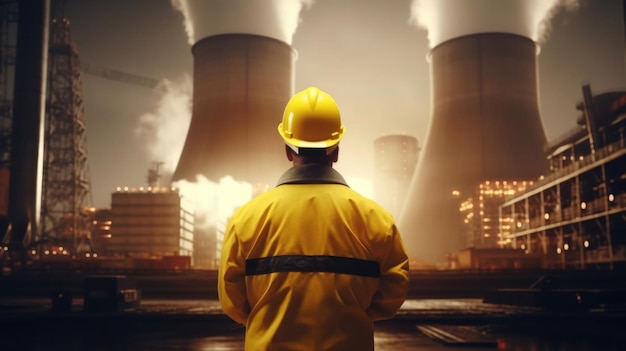 Рабочий в желтом шлеме перед атомной электростанцией