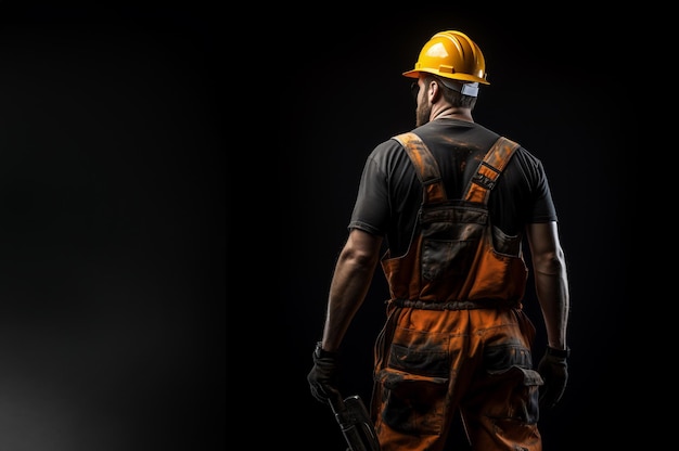 黒い背景の黄色いヘルメットと作業服を着た労働者