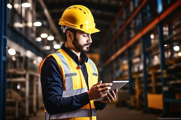 a worker in a yellow vest is using a tablet and using a tablet