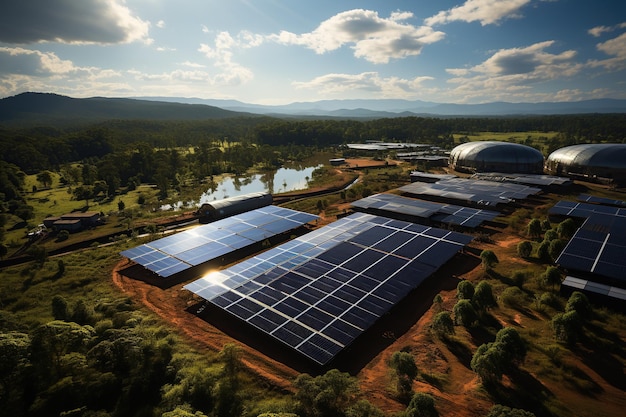 現在、作業員が広大なエリアに太陽光パネルを設置している大規模な太陽光発電プロジェクト AIで生成