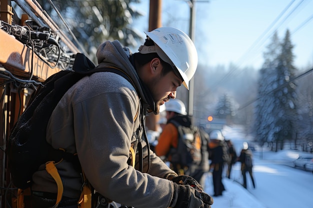 Workers are performing tasks at great heights on telephone poles utilizing ropes for suspension Generated with AI