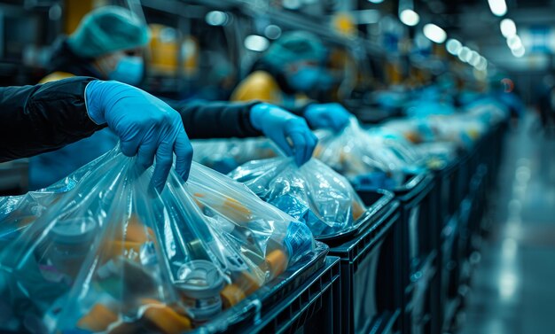 Photo workers are sorting the product into plastic bags at the food factory