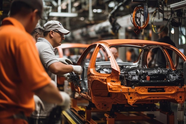 workers assemble a car in a factory.