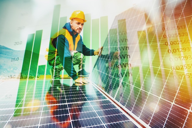 Workers assemble energy system with solar panel for electricity