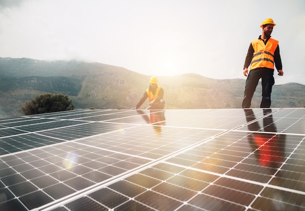 Workers assemble energy system with solar panel for electricity