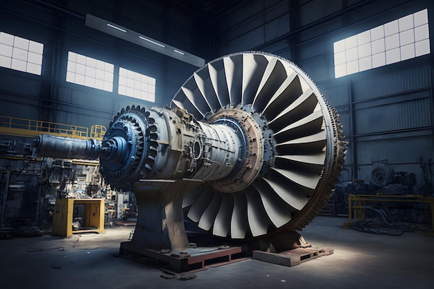 Workers assembling and constructing gas turbines in a modern industrial factory Neural network AI generated