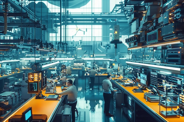 Photo workers assembling electronic devices on a product